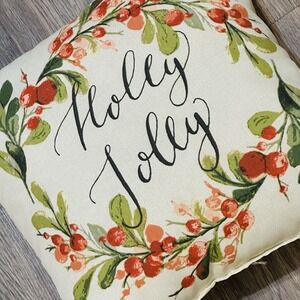 Vintage Throw Pillow Holly Jolly 13" X 13" Floral Wreath Print Christmas